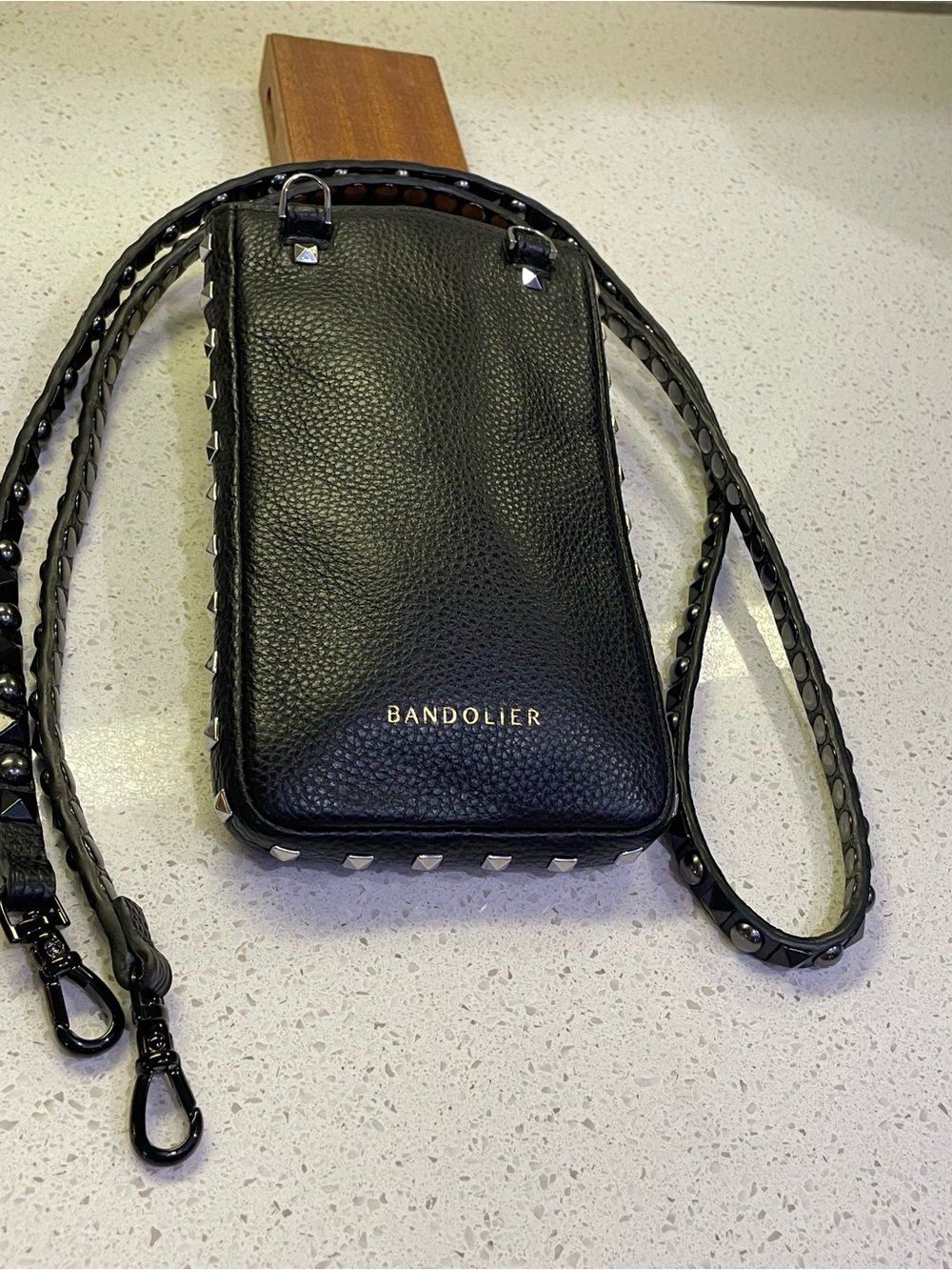 Bandolier Black Studded Leather Crossbody mini bag purse cell phone case - Picture 6 of 16
